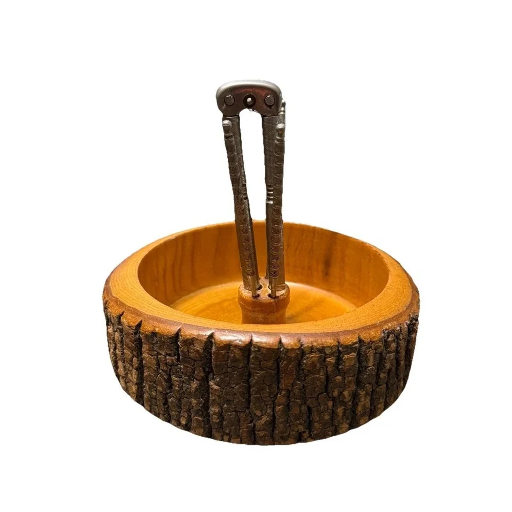 Vintage Nut Rustic Bark Wood Bowl With 4 Nut Picks & Nut Cracker Rustic MCM